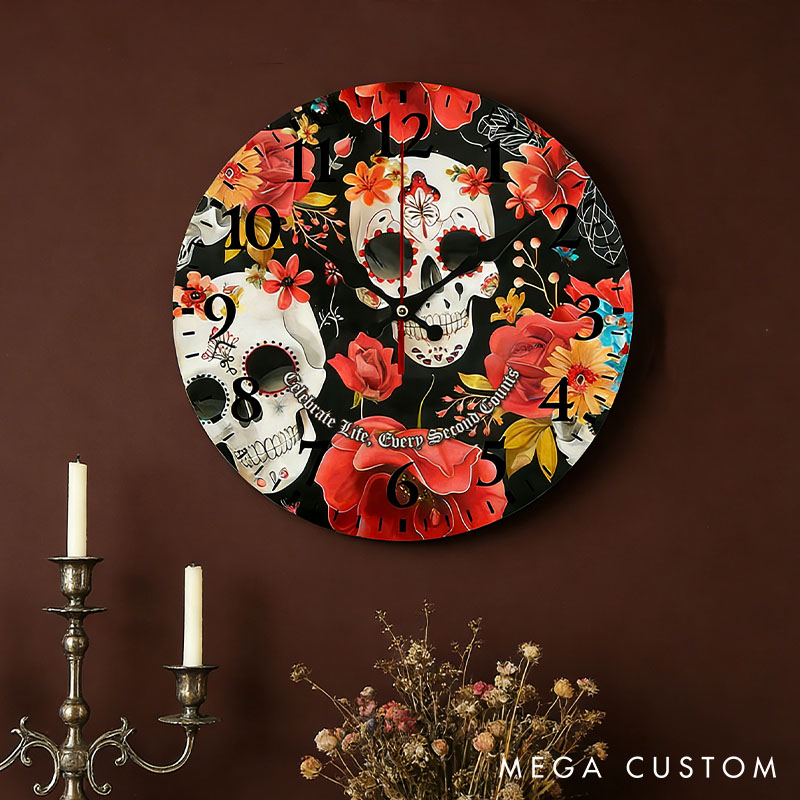 Personalized Skull Couple Celebrate Life Every Second Counts Wall Clock Custom Retro Gothic Style 3D Effect Wall Clock Anniversary Valentines Day Gift
