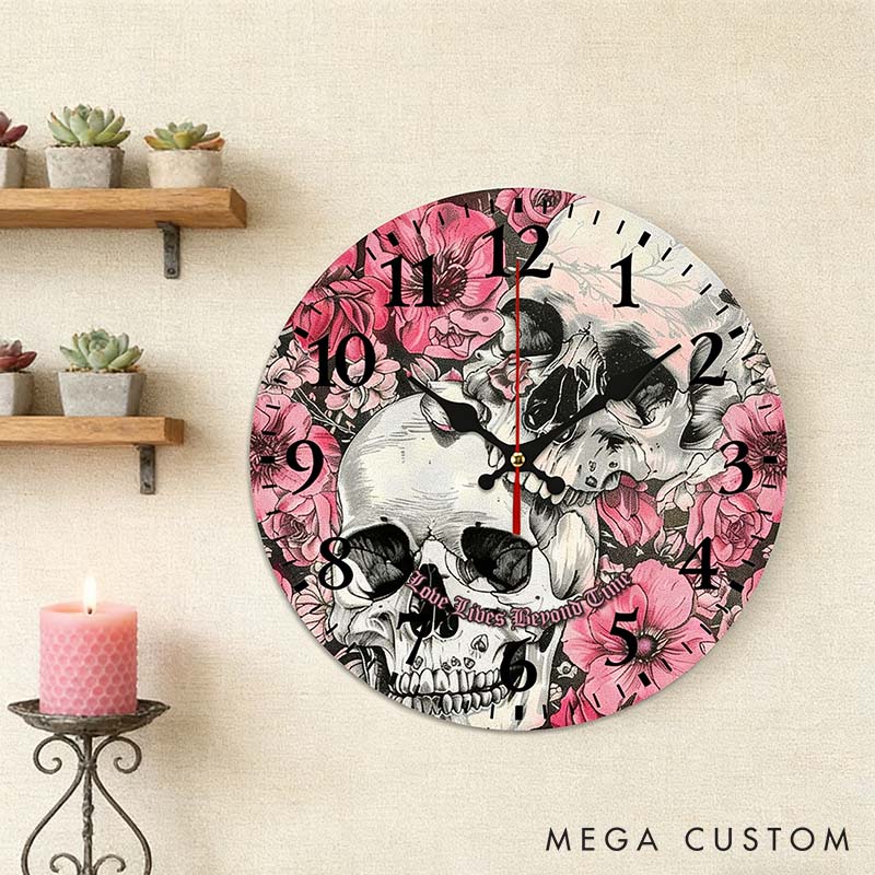 Personalized Floral Skull Couple Love Lives Beyond Time Wall Clock Custom Retro Gothic Style 3D Effect Wall Clock Anniversary Gift Valentines Day Gift