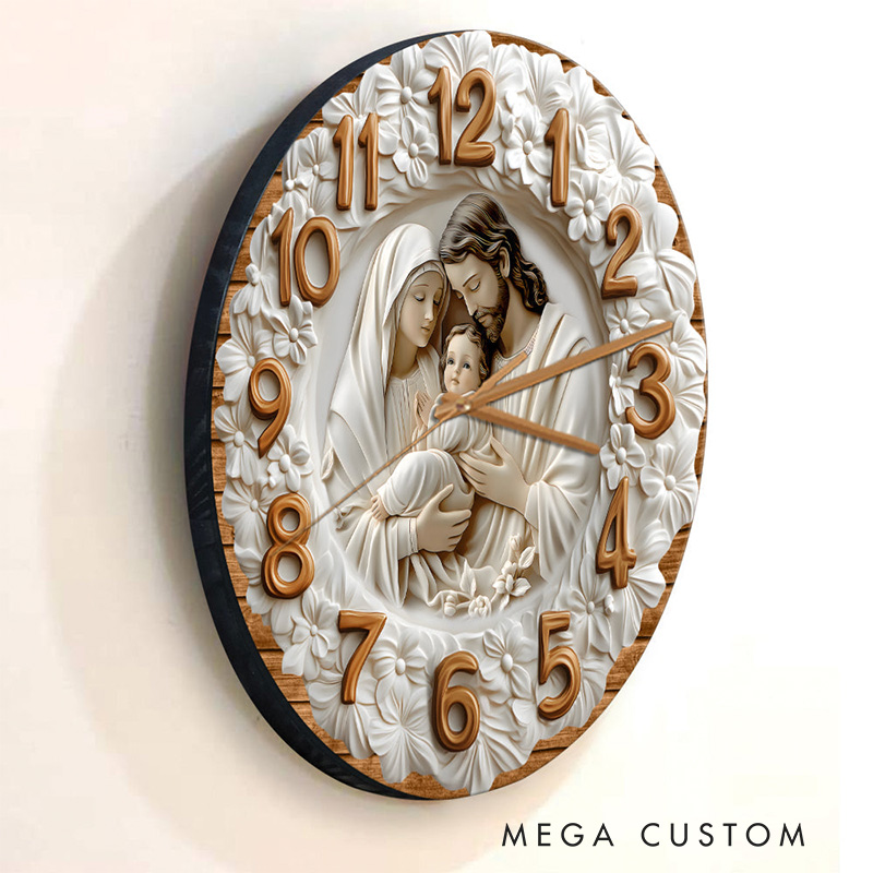 Personalized the Holy Family Wall Clock with Custom Family Name Graphic 3D Printed Wall Clock Home Decor Religious Gift for Christians
