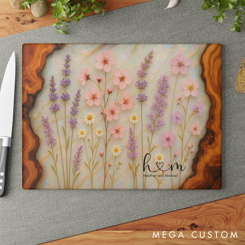 Personalized Floral Wooden Cutting Board Wildflower Glass Charcuterie Board for Couple Custom Initials Maple Design Cutting Board