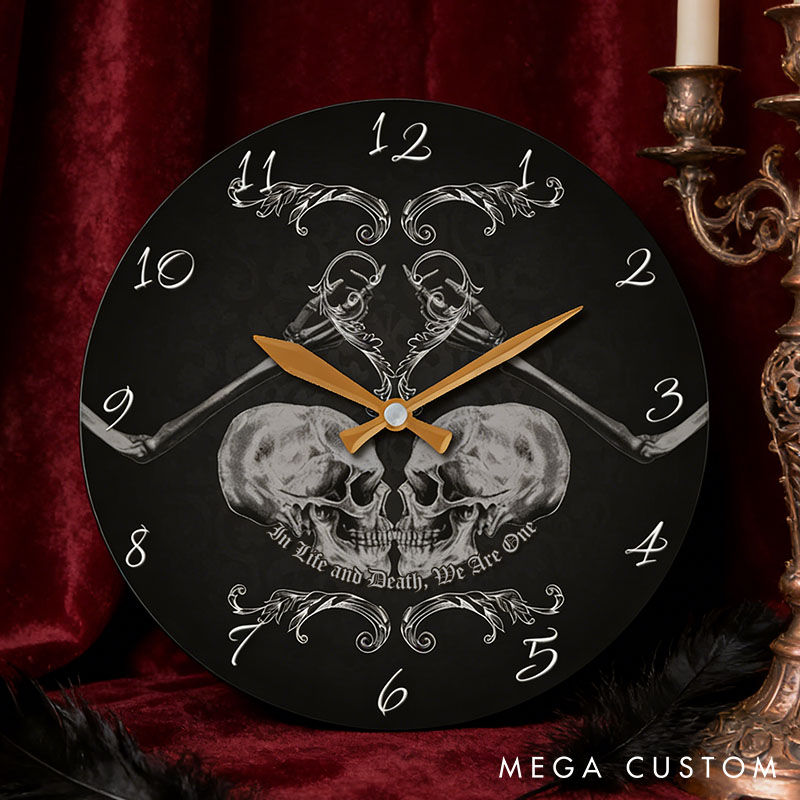 Personalized Skull Couple In Life and Death We Are One Wall Clock Custom Retro Gothic Style 3D Effect Wall Clock Anniversary Gift Valentines Day Gift