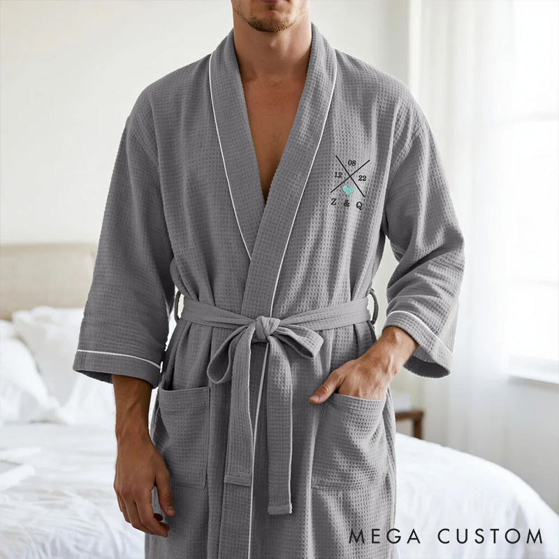 Personalized Embroidered Heart Waffle Comfortable Three-Quarter Sleeve Dressing Gown Custom Date Bathrobe Honeymoon Anniversary Valentines Day Gift