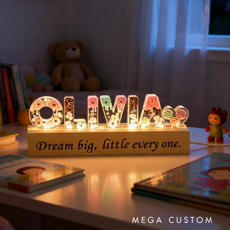 Personalized Donut Name Letter LED Acrylic Light Night Light with Name and Base Home Decor Birthday Gift for Girls Wife Kids