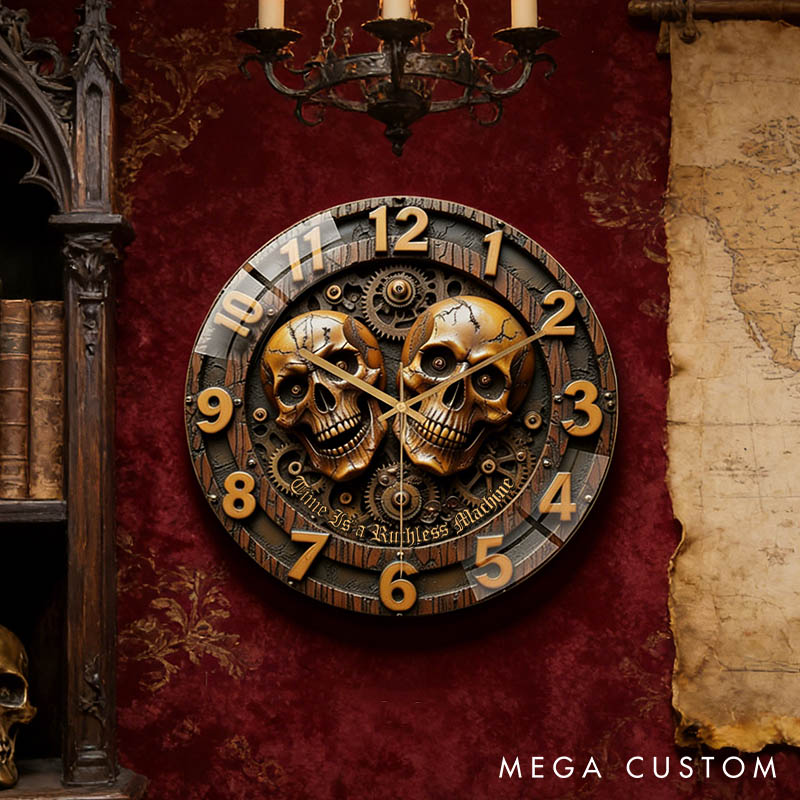 Personalized Skull Couple Time Is a Ruthless Machine Acrylic Wall Clock Custom Imitation Wood 3D Effect Wall Clock Anniversary Valentines Day Gift