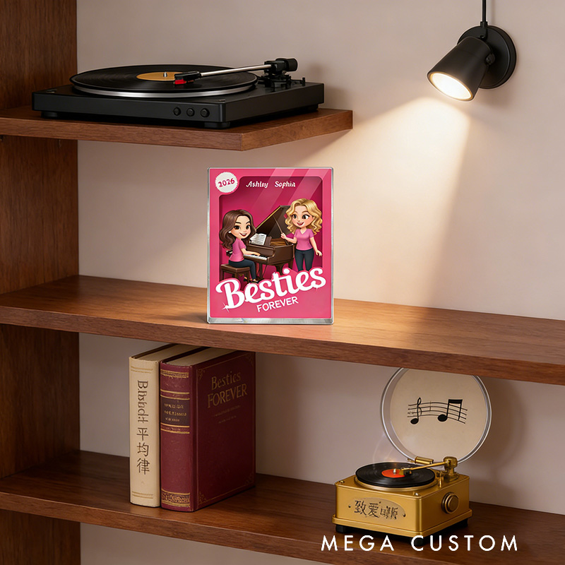Personalized Besties Forever Pink Action Figure Acrylic Block Plaque Customizable with Photos and Names Meaningful Gift For Best Friend Piano Lovers Music Lovers