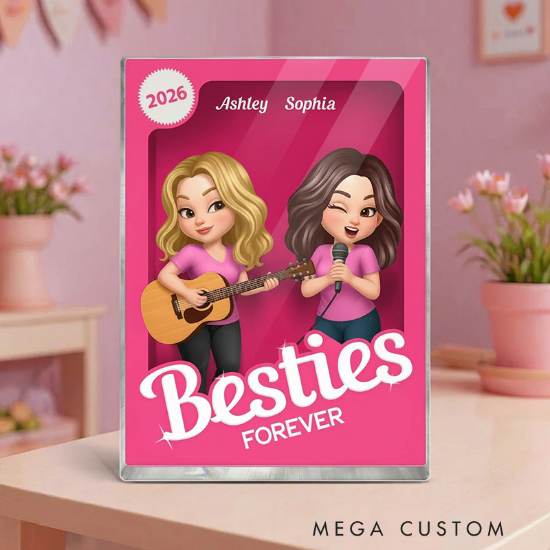 Personalized Besties Forever Pink Action Figure Acrylic Block Plaque Customizable with Photos and Names Meaningful Gift For Best Friend Guitar Lovers Music Lovers