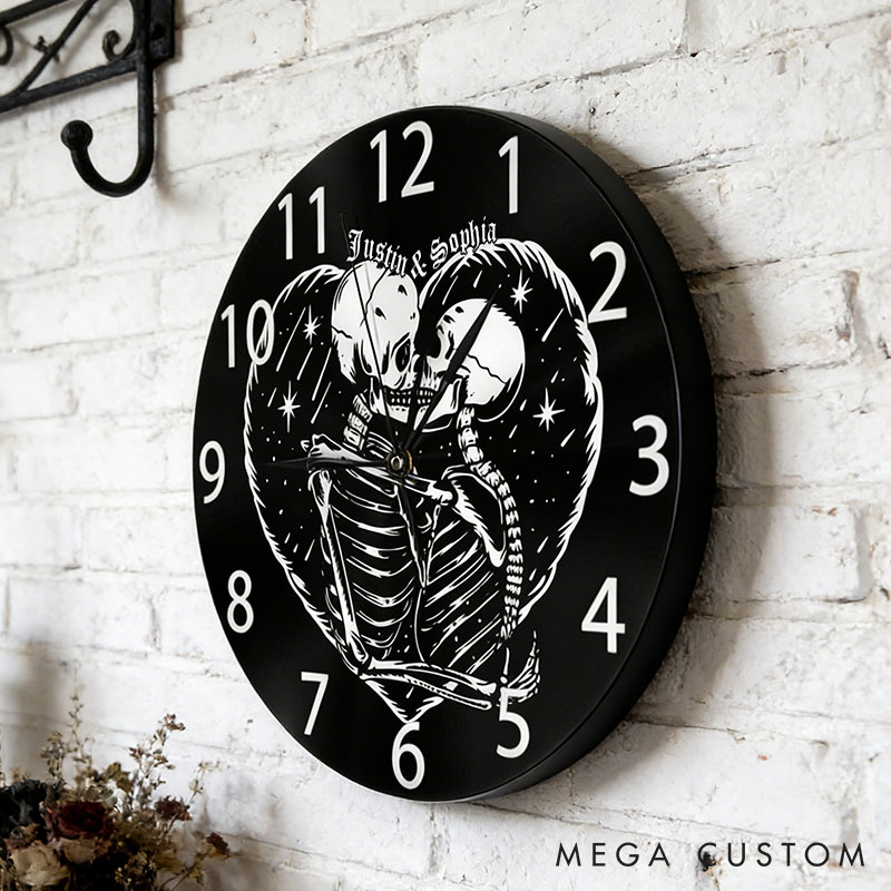 Personalized Skeleton Couple Embracing Wall Clock Custom Couple Till Death Do Us Part Wall Clock with Name Anniversary Valentines Day Gift for Him Her