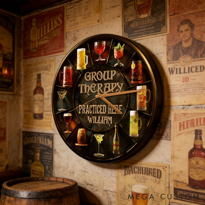 Personalized Man Group Therapy Practiced Here Wall Clock Custom Boyfriend Husband Alcohol Enthusiast Wall Clock Anniversary Valentines Day Gift