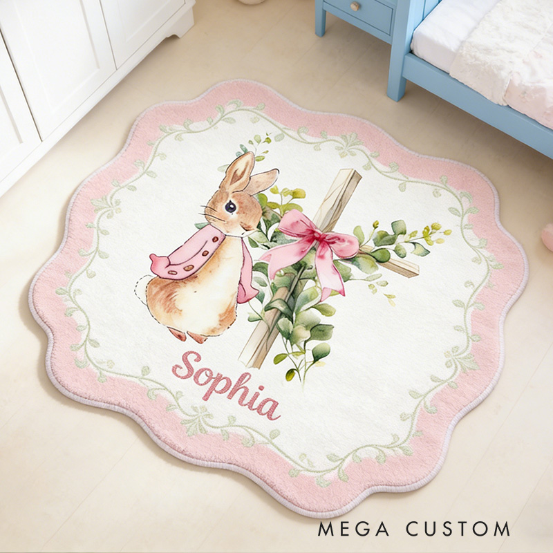Personalize Floral Bow Cross Rabbit Rug with Custom Name Home Decor Religious Rug Faith Based Gift Easter Gift Christian Gift for Kids
