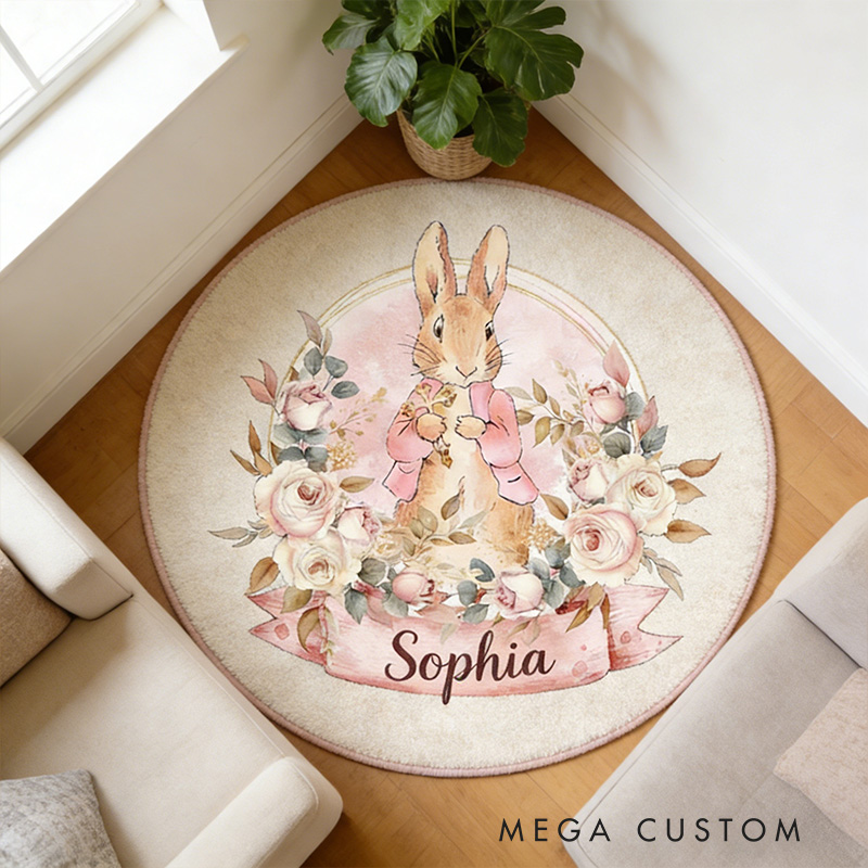 Personalize Cute Rabbit Cross Rug with Custom Name Room Decor Religious Rug Christian Gift Easter Gift for Kids