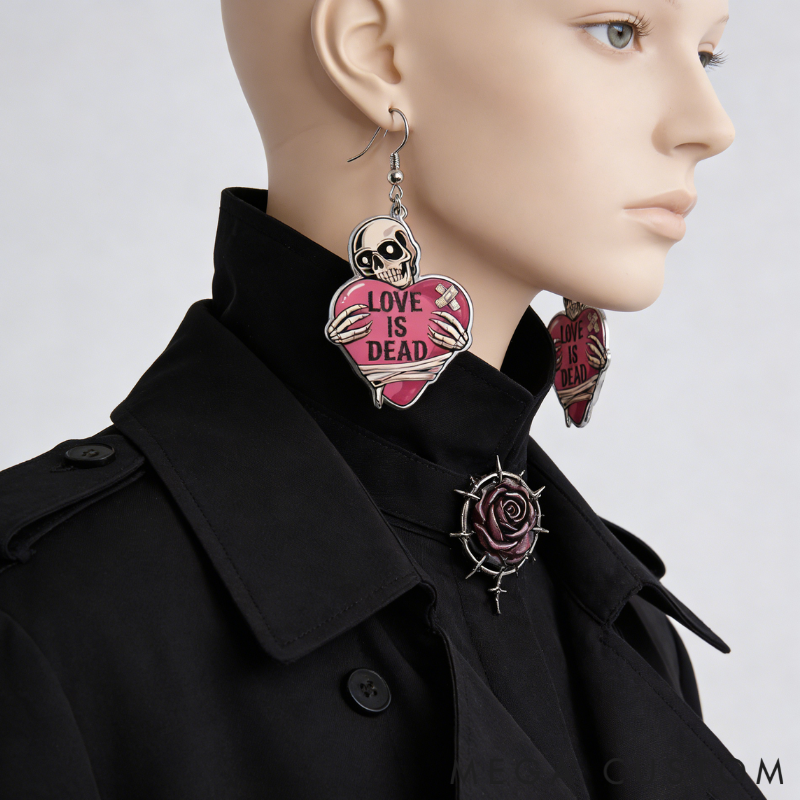 Personalized Acrylic Skull Heart Statement Earrings Dark Sweet Goth Style with "LOVE IS DEAD" for Edgy Fashion Fans