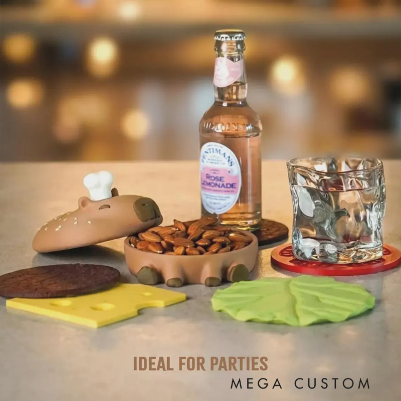 Capy-Burger Coaster Set – Cute Capybara + Burger 3D Printed Coasters, Kitchen & Bar Accessory, Unique Gift Idea,