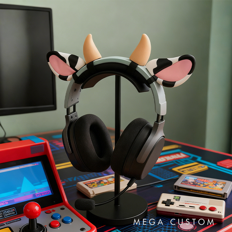 3D Printed Cow Ear & Horn Headphone Attachments - Cute Animal-Themed Gaming Headset Decor