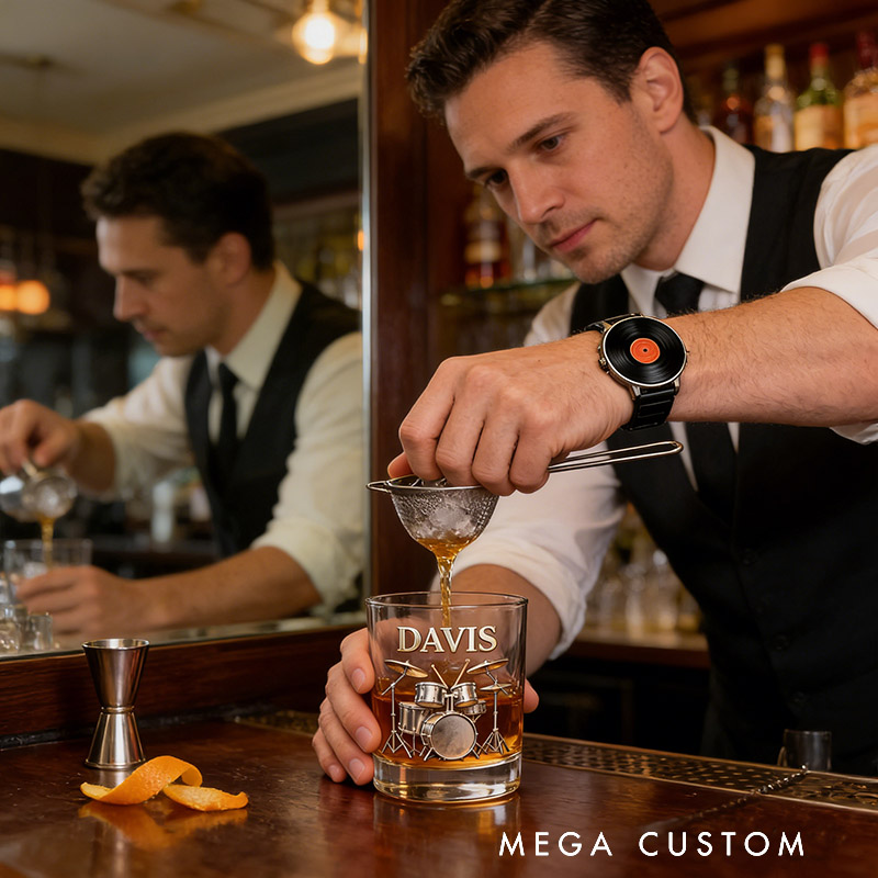 Personalized Drum Set Themed Whiskey Glass with Custom Text Whiskey Glass Engraved Glasses Gift for Music Lovers