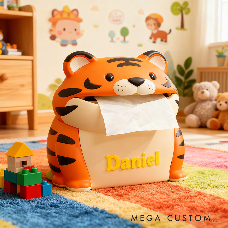 Personalized 3D Printed Tiger Tissue Box Cover - Custom Name Animal-Themed Home Decor