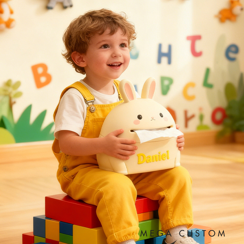 Personalized 3D Printed Rabbit Tissue Box Cover - Custom Name Nursery Decor