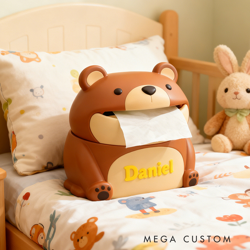 Personalized 3D Printed Bear Tissue Box Cover - Custom Name Kids' Room Organizer