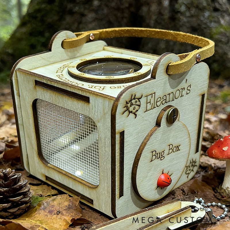 Personalized Bug Observation Box Baltic Birch Plywood Leather Handle Mesh Sides