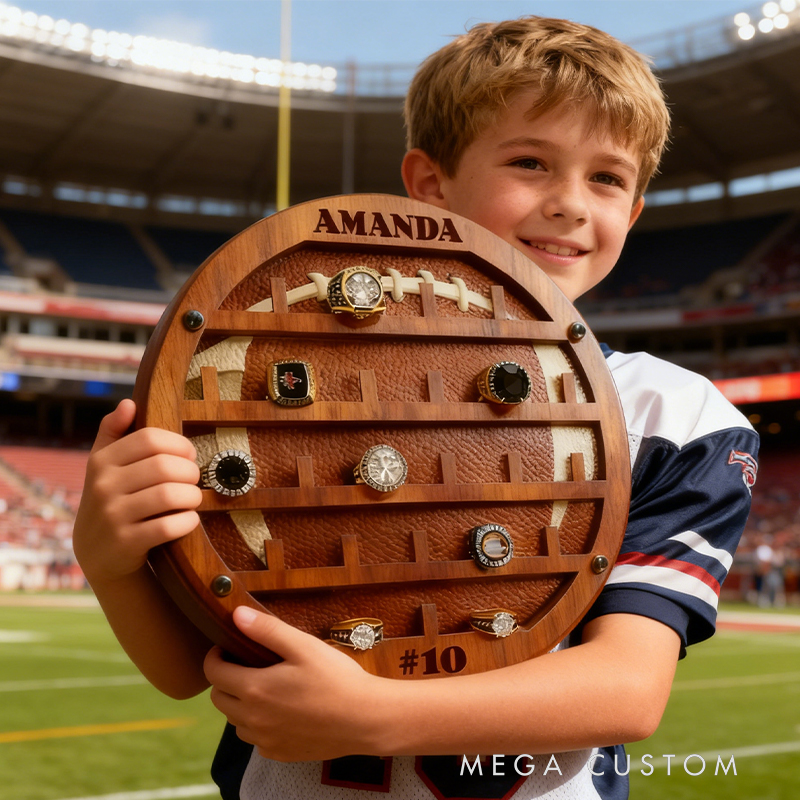 Personalized Football-Shaped Wooden Ring Display Rack - Custom Engraved Sports Trophy Holder
