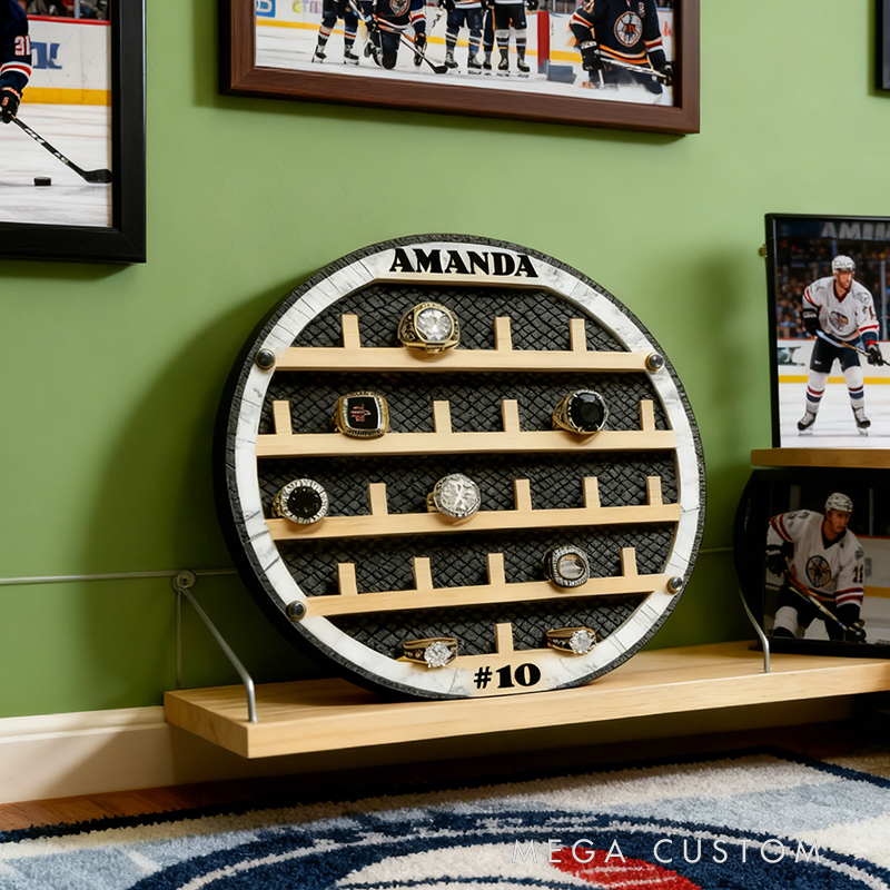 Hockey Puck-Shaped Wooden Ring Display Rack - Custom Engraved Championship Ring Holder