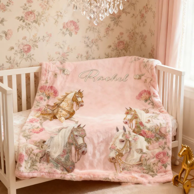 Personalized Riding Floral Blanket Floral Horse Custom Name Festive Flower Decor with French Countryside Gifts Family Blanket for Riding Lovers Equestrian Lovers