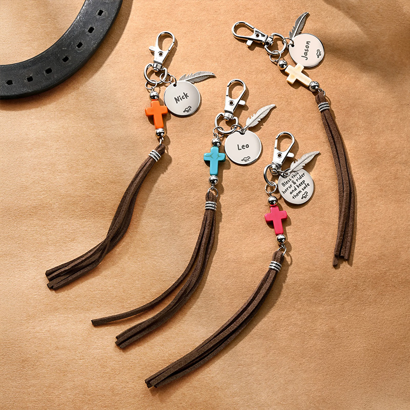 Personalized Natural Stone Cross Saddle Charm with Name and Feather Tassel Horseback Riding Game Christening Gift for Christians Horse Riding Lovers