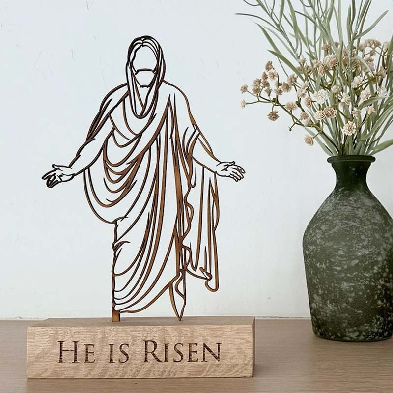 Personalized He is Risen Jesus Art Wooden Plaque with Engraved Text Desktop Decor Religious Gift Easter Gift for Jesus Lover