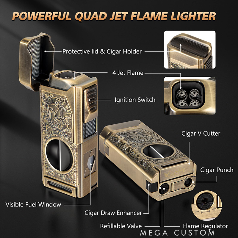 Personalized Cigar Torch Lighter 4 Jet Flame Refillable with Cigar Accessories Gift Box Valentine’s Day Dad Anniversary Gift for Him