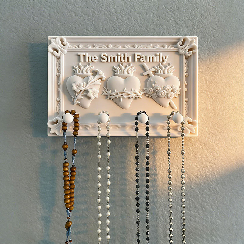 Personalized Sacred Hearts Wall Hanging Rack with Custom Family Name Catholic Home Decor Hanging Rosary Holder Prayer Space Wall Art Religious Gift