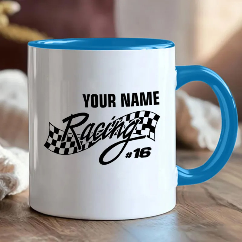 Personalized Racing Mug with Name and Checkered Flag for Outdoor Adventures Riding Cycling Biking Enthusiasts