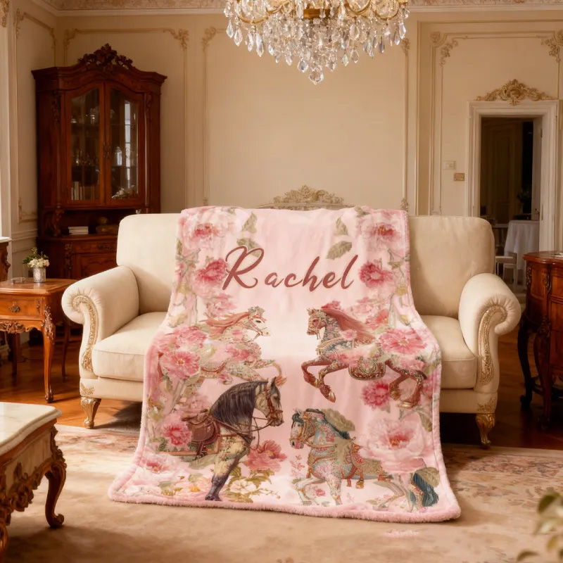 Personalized Riding Floral Blanket Equestrian Horse Custom Name Festive Flower Decor with French Countryside Gifts Family Blanket for Riding Lovers Equestrian Lovers