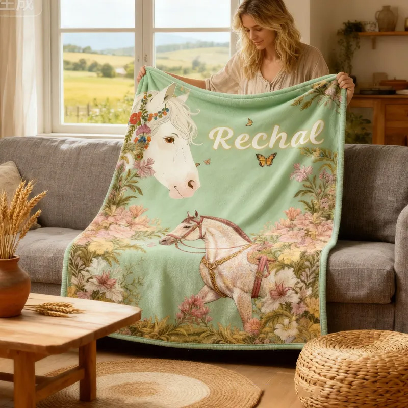 Personalized Riding Floral Blanket Flower Horse Custom Name Festive Flower Decor with French Countryside Gifts Family Blanket for Riding Lovers Equestrian Lovers