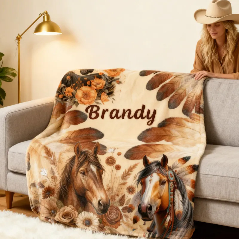 Personalized Riding Floral Blanket Feather Horse Custom Name Festive Flower Decor with French Countryside Gifts Family Blanket for Riding Lovers Equestrian Lovers