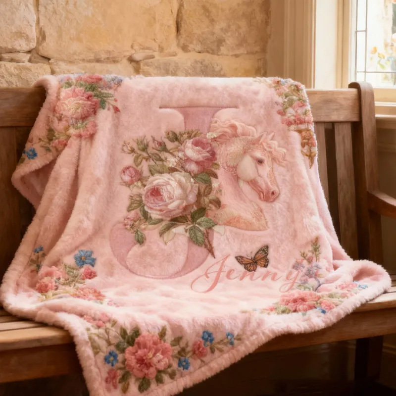 Personalized Initials Letter Riding Floral Blanket Floral Horse Custom Name Festive Flower Decor with French Countryside Gifts Family Blanket for Riding Lovers Equestrian Lovers