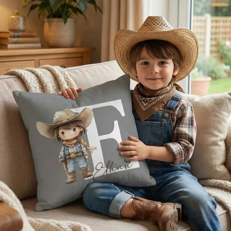 Personalized Initials Letter Throw Pillow Cartoon Cowboy Cowgirl Soft Throw Pillow Cover with Name and Initial Home Decor Birthday Gift for Boys Girls Horse Owner Lover Riding Lovers Equestrian Lovers