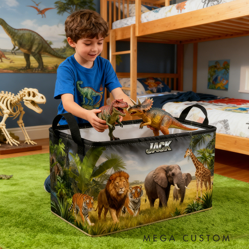 Personalized Custom Name Safari Animal Storage Bin - Kids' Jungle-Themed Toy Organizer