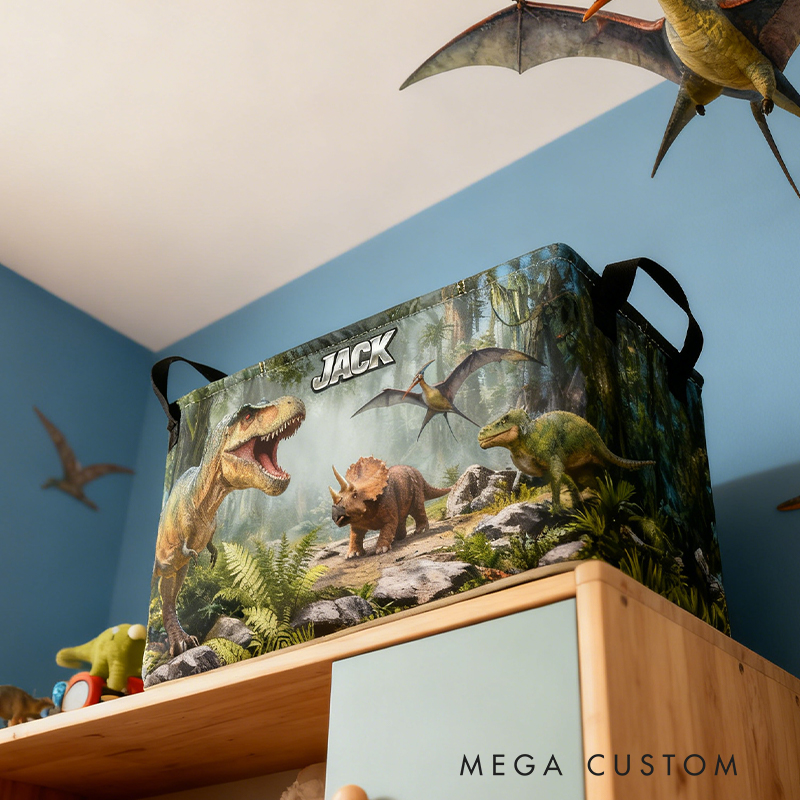 Personalized Custom Name Dinosaur Storage Bin - Kids' Jurassic-Themed Toy Organizer