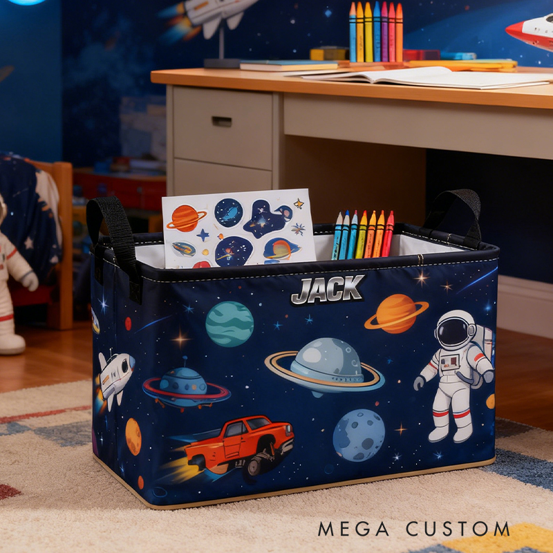 Personalized Custom Name Space-Themed Storage Bin - Kids' Astronaut & Planet Toy Organizer