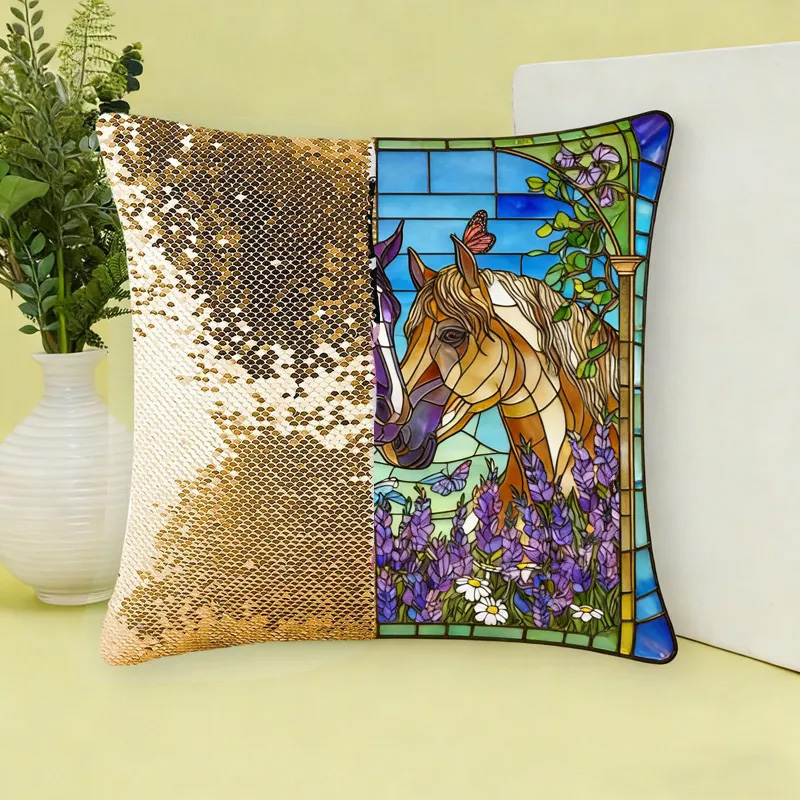 Personalized Sequin Cushion Throw Pillow Cover Stained Glass Horse Throw Pillow for Horse Owner Lover Riding Lovers Equestrian Lovers