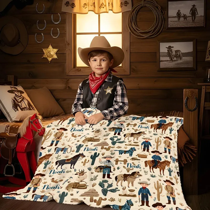 Personalized Western Cowboy Cow Horse Soft Throw Blanket with Name Home Decor Birthday Anniversary Gift for Cowboy Country Lover Riding Lovers Equestrian Lovers