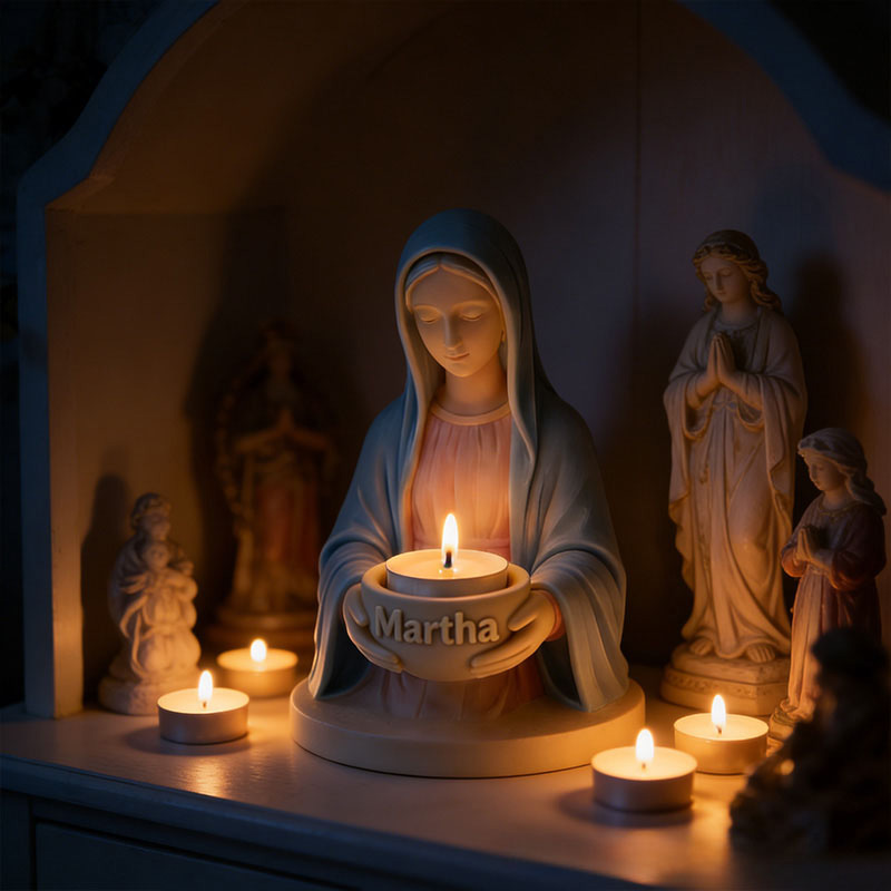 Personalized 3D Printable Virgin Mary Tealight Candle Holder with Custom Name Catholic Home Decor Prayer Space Lady Guadalupe Stand Spiritual Gift