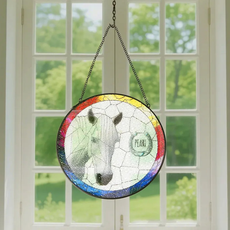 Personalized Stained Glass Horse Photo Suncatcher Ornament with Name Window Balcony Hanging Decor Birthday Gift for Horse Riding Lovers