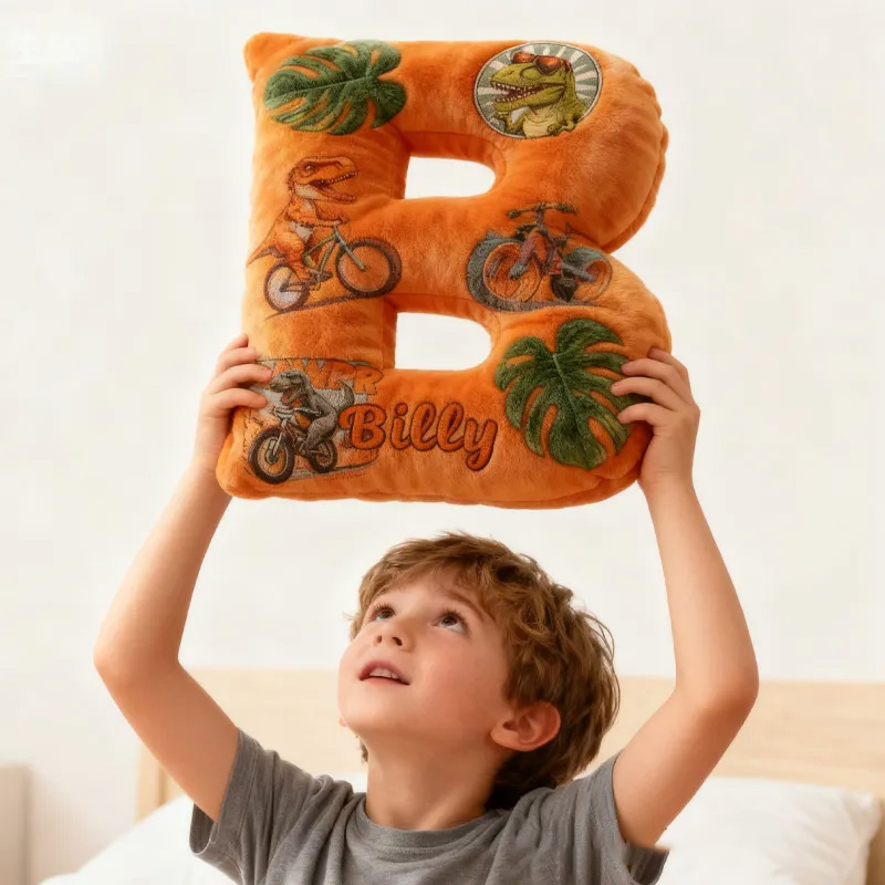 Personalized Dinosaur Dino Bike Letter Pillow Cozy Graphic 3D Print Bow Letter Pillow Name Pillow Comfortable Travel Cushion for Kids Riding Lovers