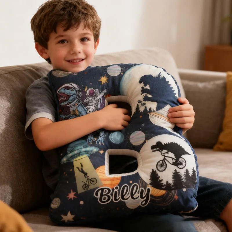 Personalized Dinosaur Space Bike Letter Pillow Graphic 3D Print Dino Galaxy Letter Pillow Name Pillow Comfortable Travel Cushion for Kids Riding Lovers