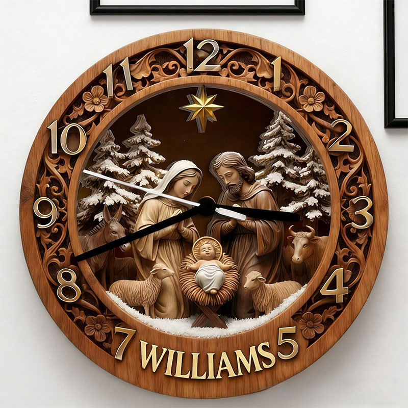 Personalized Nativity Scene Wall Clock with Custom Family Name Graphic 3D Printed Wall Clock Home Decor Christian Christmas Gift Faith Based Gift