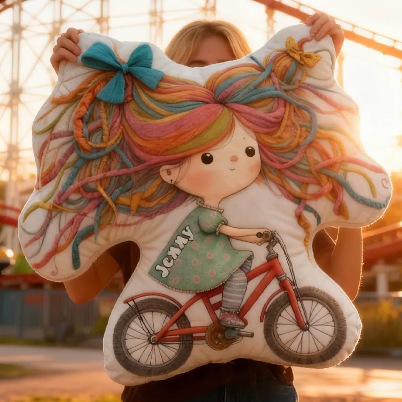 Personalized Quirky Girl Bike Pillow Rainbow Hair Cozy Graphic 3D Print Dreaming Princess Pillow Whimsical Girl Name Pillow Comfortable Travel Cushion for Kids Girls Riding Lovers