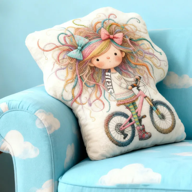 Personalized Quirky Girl Bike Pillow Rainbow Hair Cozy Graphic 3D Print Dreaming Princess Pillow Whimsical Girl Name Pillow Comfortable Travel Cushion for Kids Girls Riding Lovers