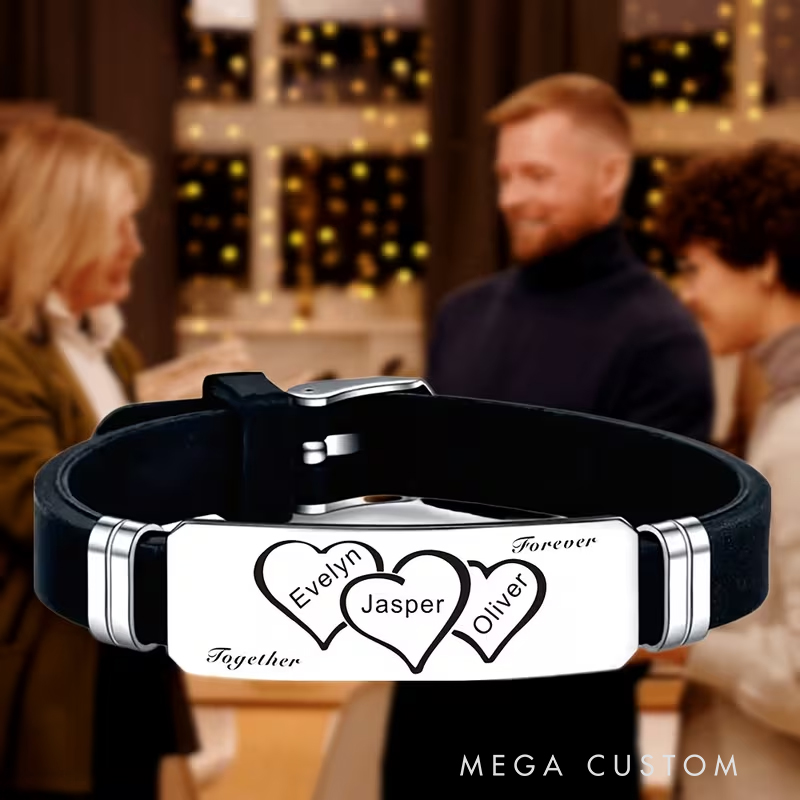 Personalized Stainless Steel Silicone Bracelet Custom Engraved Heart Connected Design Ideal Men's Father's Day Valentine's Day Gifts