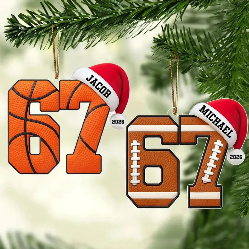 Personalized Name 67 Sport Acrylic Christmas Ornament, Soccer Baseball Volleyball Basketball Ornament, Six Seven Ornament Gen Alpha Humor 67 Meme Ornament