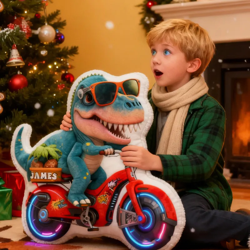 Personalized Dino Rider Bike Pillow Cozy Graphic 3D Print Cool Racing Biker Dino Pillow Name Pillow Comfortable Travel Cushion for Kids Boys Riding Lovers